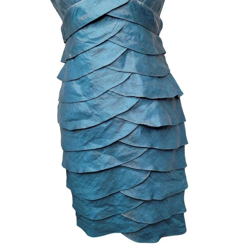 Adrianna Papell Petite Teal Blue Tiered Cocktail Party Dress 4P Shimmery Mermaid - Picture 5 of 12